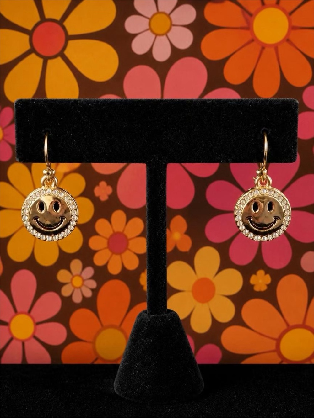 Gold Smiley Face Crystal Drop Earrings